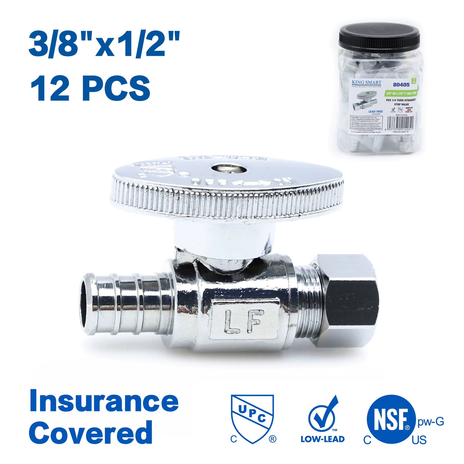KING SMART Crimp/F1807 PEX 1/2" * 3/8" Comp. OD 1/4 Turn Straight Stop Valve; 12Pcs/Case; 80405