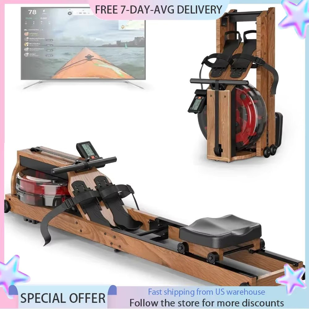 Water Rowing Machine, Oak Wood Foldable Rower Machine 330lbs Weight Capacity with Bluetooth Monitor, Phone Holder Rowing Machine