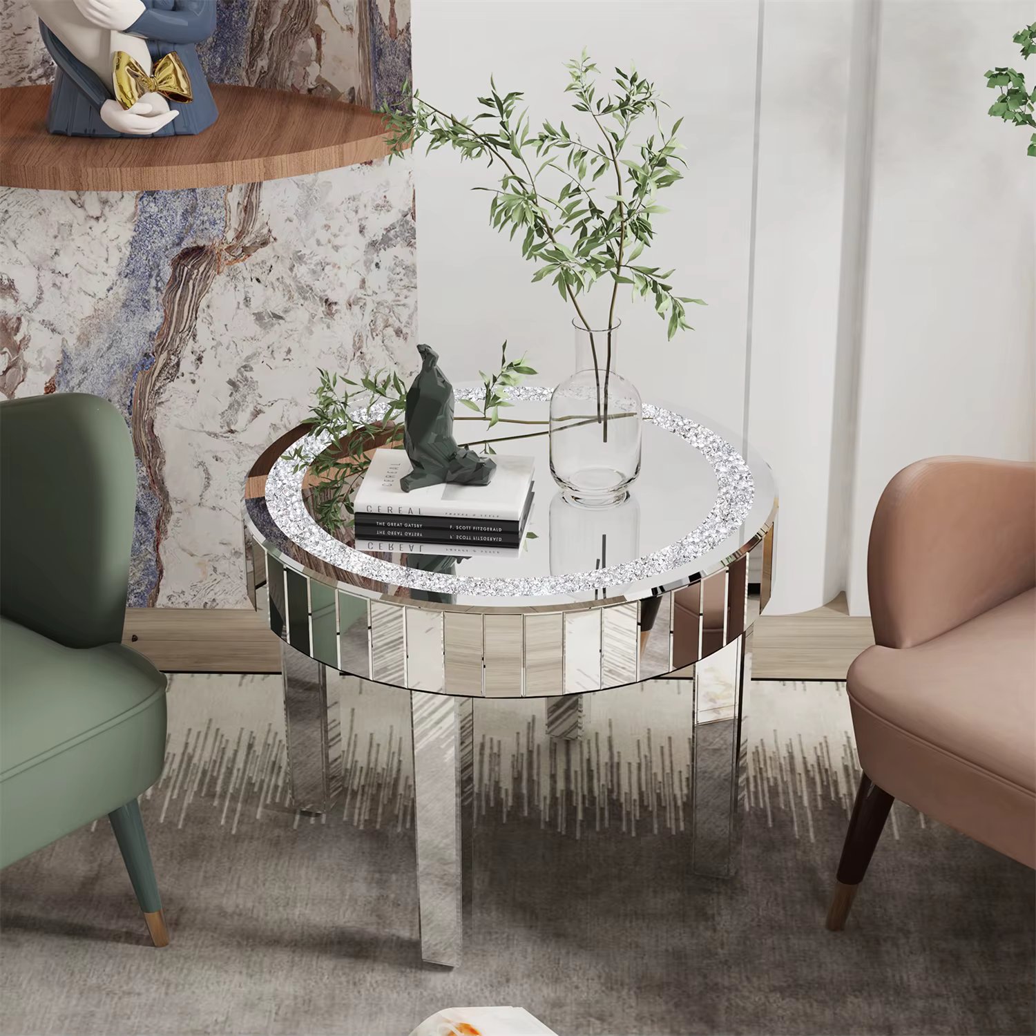 Crushed Crystal Round Mirrored Coffee Table, Sparkle Diamond, Sofa Side End Table, Accent Table, Bedside Table
