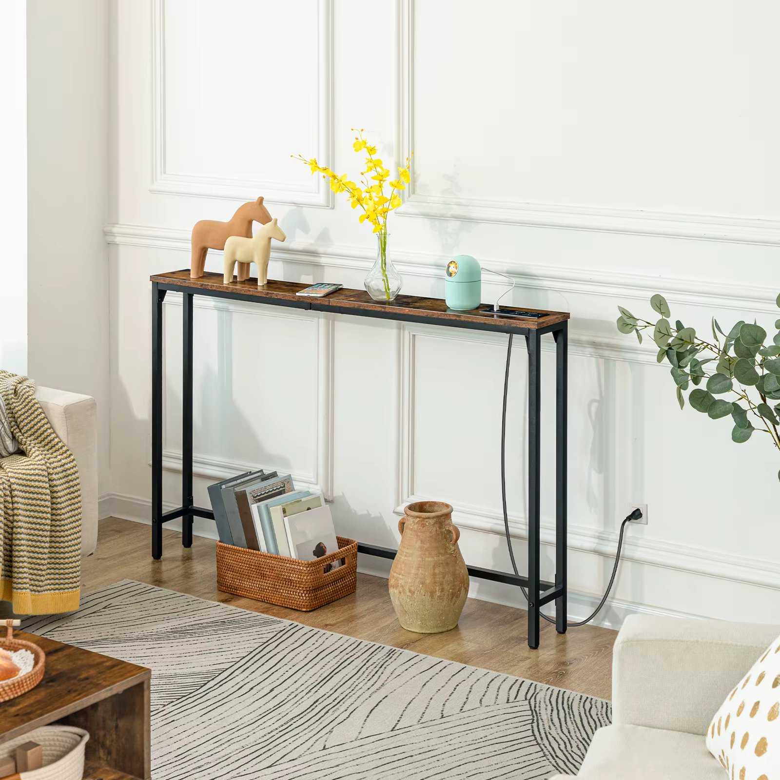 7.2" Skinny Console Table with Power Outlets and USB Ports, Table with Charging Station, Narrow Sofa Table, Behind Couch Table,