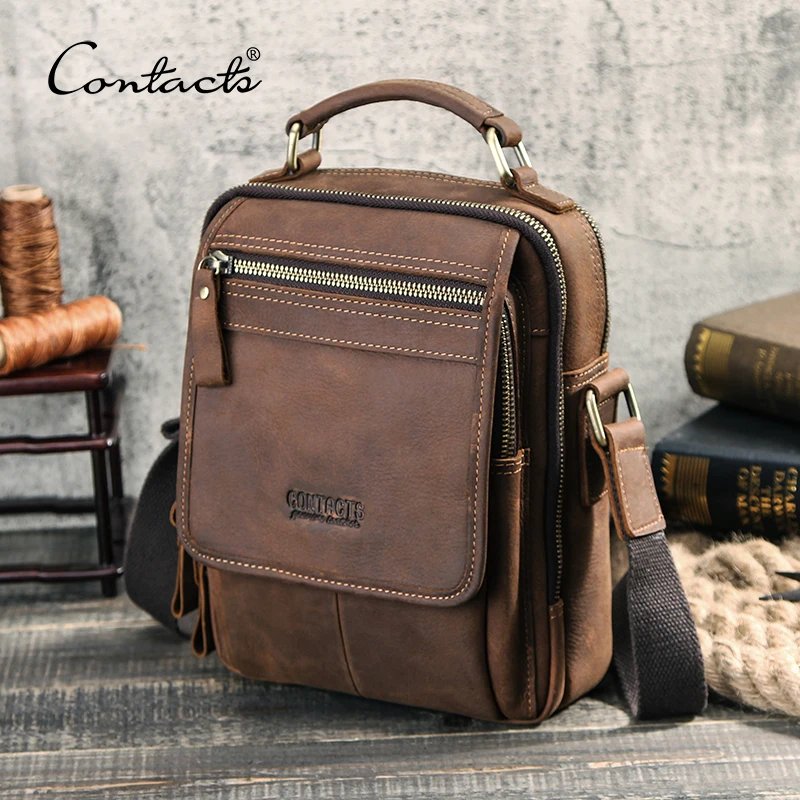 CONTACT'S Crazy Horse Leather Men Messenger Bag Vintage Man HandBags for 7.9" iPad High Quality Shoulder Bags Tote Crossbody Bag