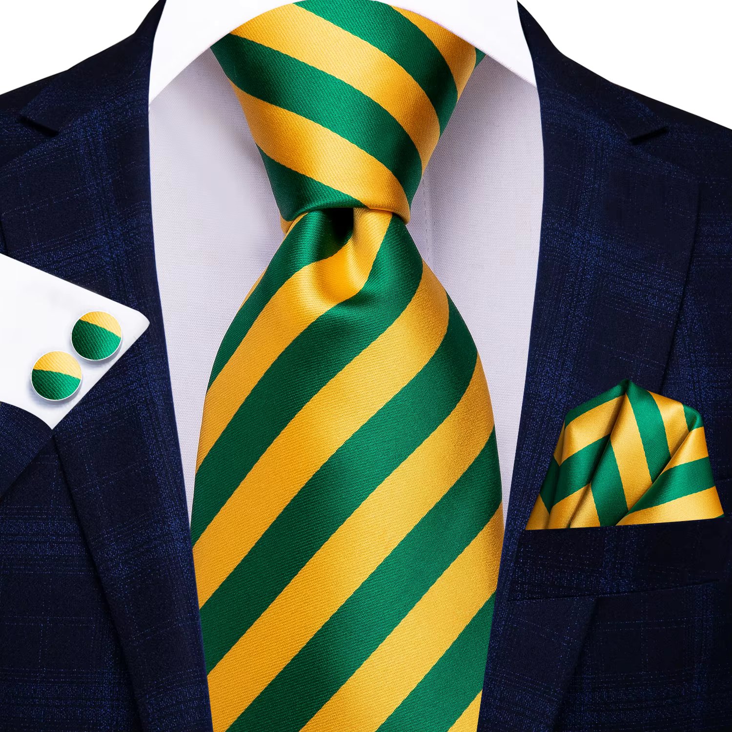 Hi-Tie Yellow Green Striped Silk Wedding Tie For Men Fashion Design Handky Cufflink Set For Men Necktie Business Party Dropship