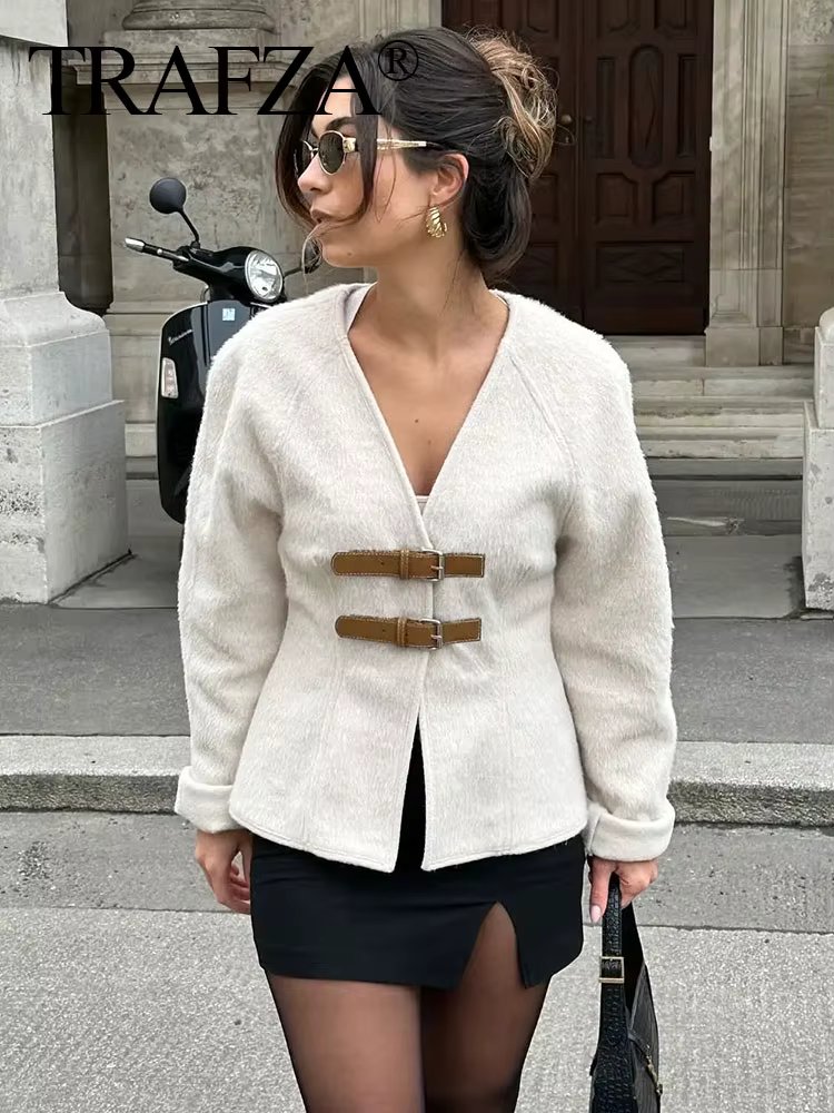 TRAFZA Retro Leather Buckle Woolen Coat Women Fashion Solid V Neck Long Sleeve Beige Jacket Autumn Spring Chic Female Streetwear