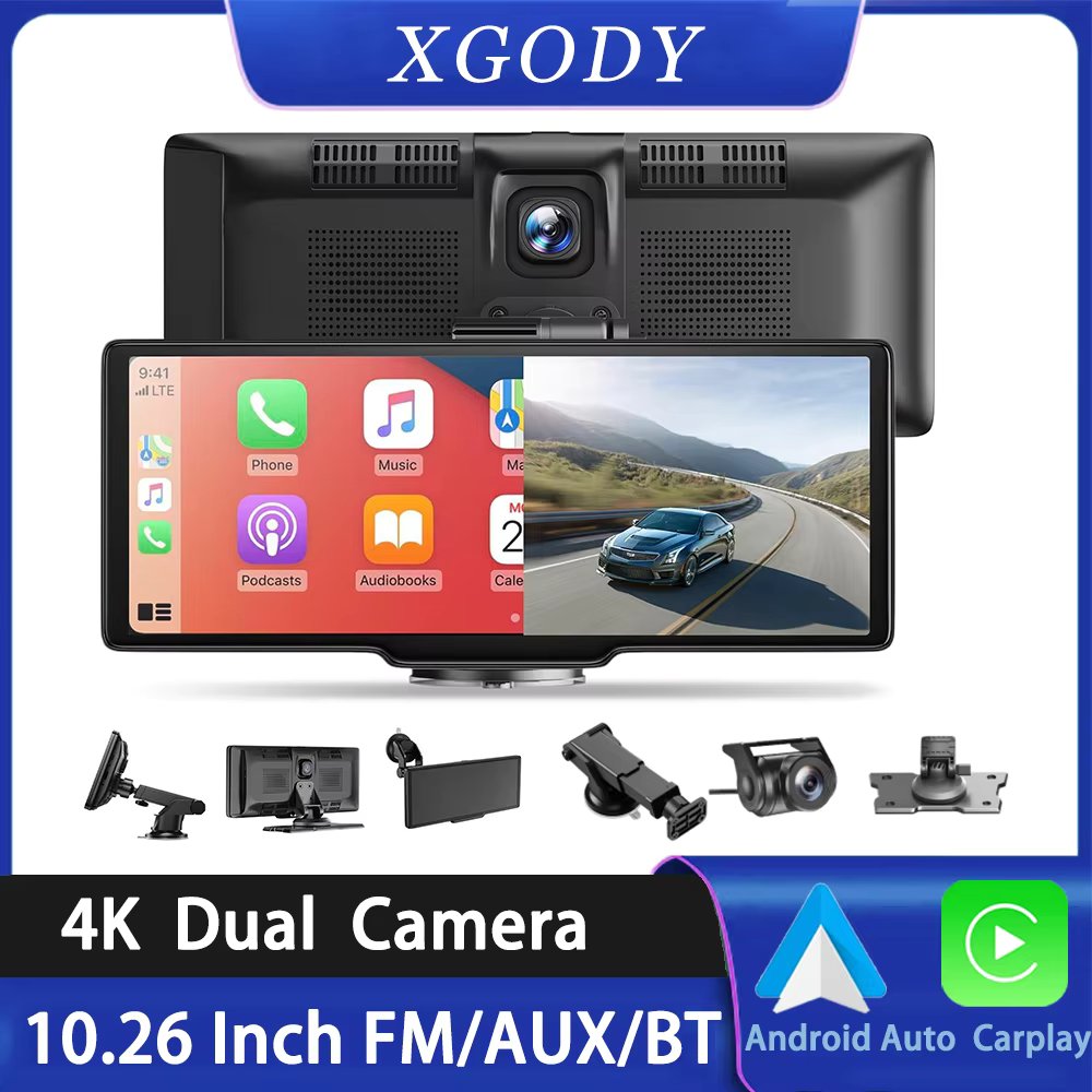 XGODY 10.26" 4K Dash Cam Wireless Carplay Android Auto Car DVR GPS WiFi Navigation Rearview Camera Dashboard Video
