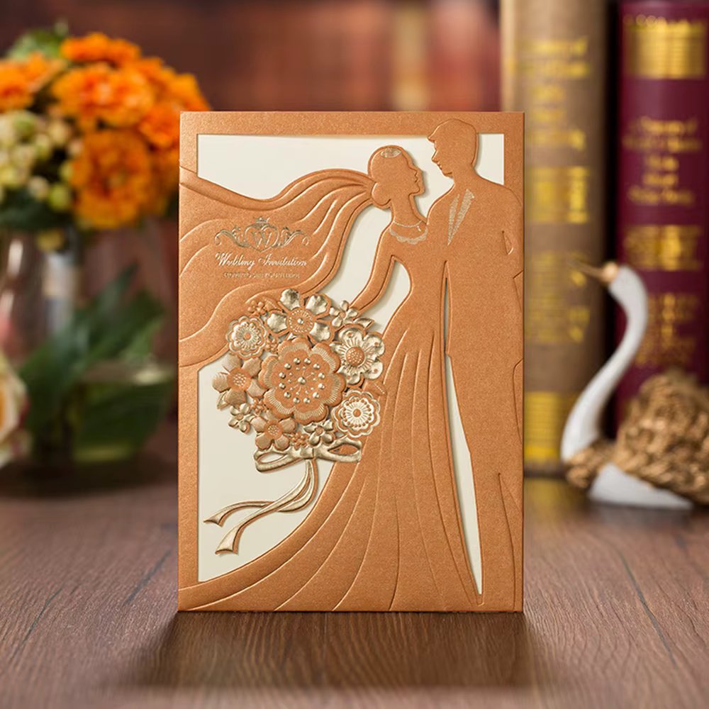 1pcs Rustic Wedding Invitations Card Navy Blue and Gold Red White Ivory Laser Cut Bride Groom Greeting invites Envelope marriage