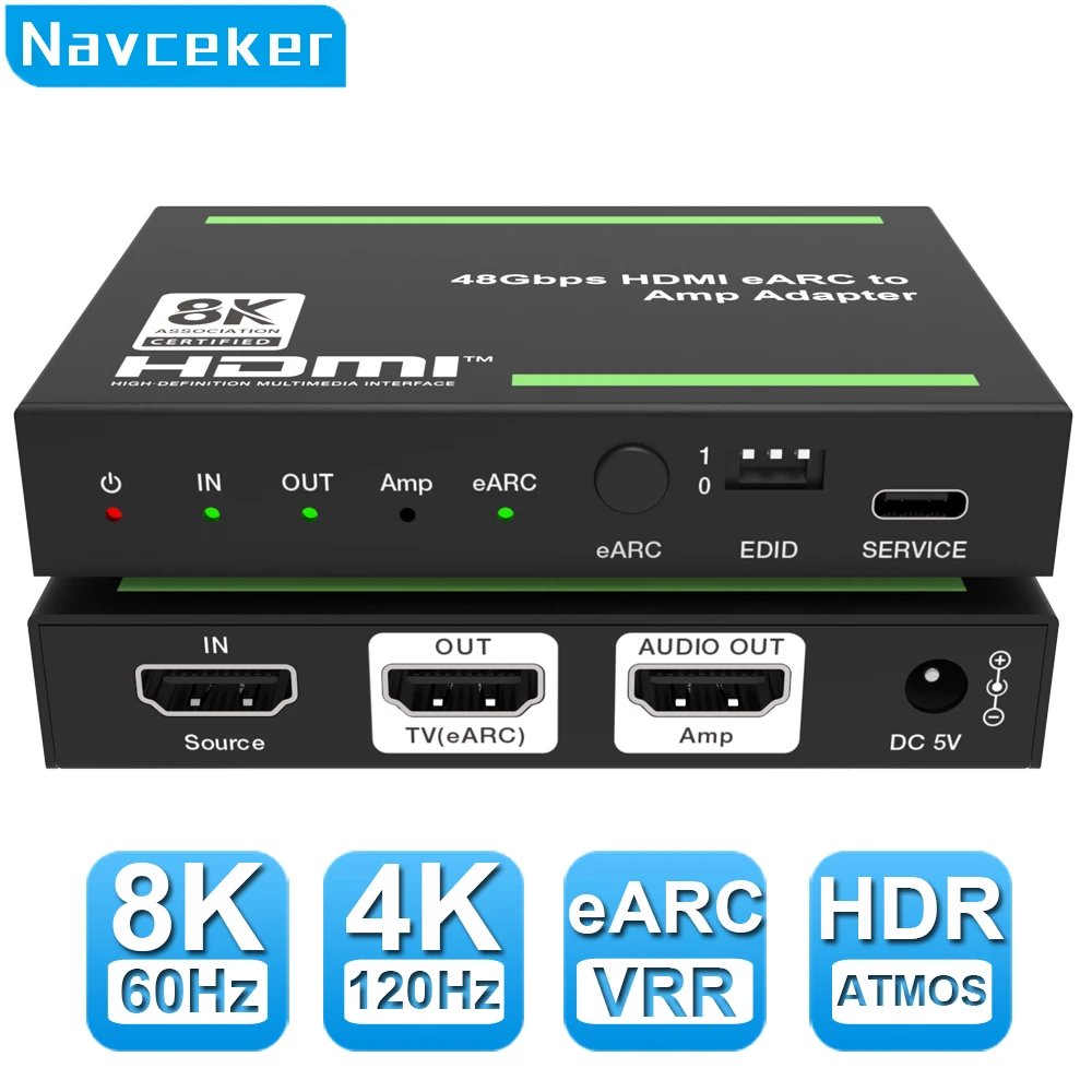 Navceke 4K 120Hz HDMI 2.1 eARC Audio Extractor 48 Gbps HDMI eARC Splitter 8K 60Hz eARC Converter for PS5 XBox X Sonos Soundbar
