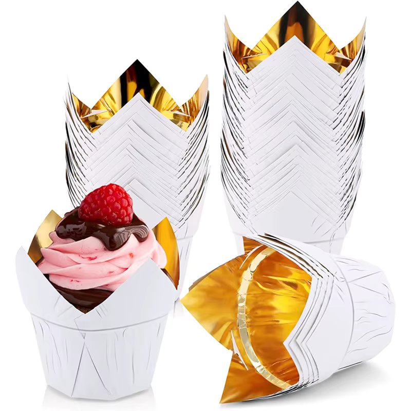 50Pcs Tulip Baking Cups Aluminum Foil Cups Cupcake Muffin Liners Creme Brulee Containers Party Decoration for Wedding Birthday
