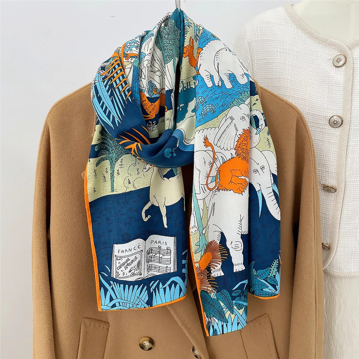 160x33CM Winter Thicken Silk Cashmere Scarf Women Hand Rolled Shawls jungle Animals Long Scarves Wrap Bandana Big Hijabs Female