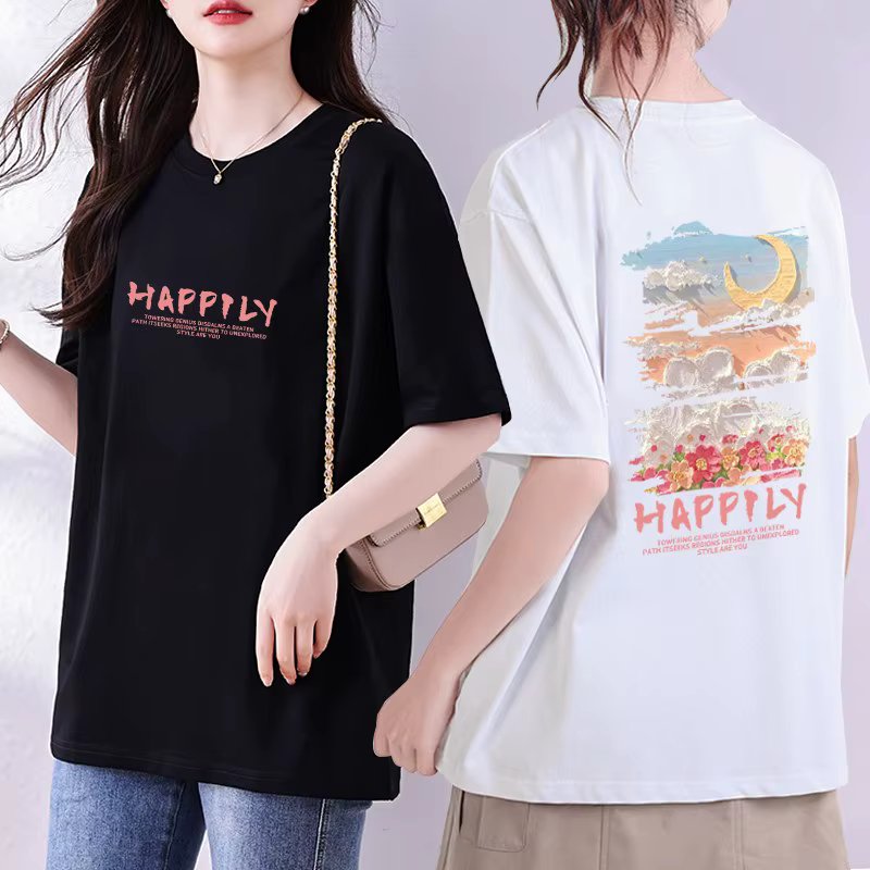 Women's cotton 100% front back print loose half sleeve long tee self-made TS2559