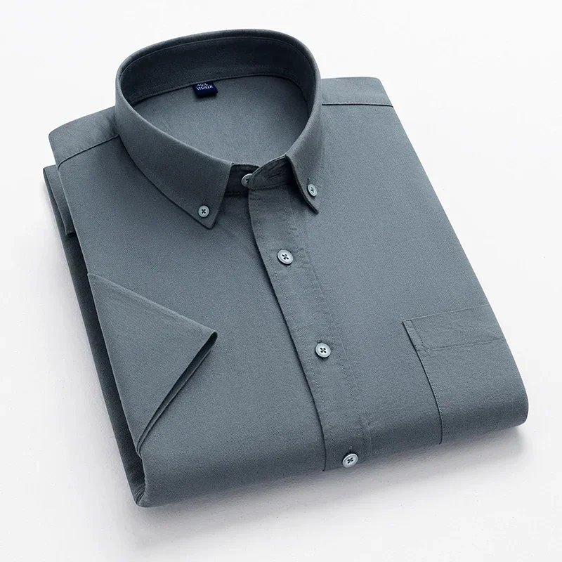 2024 100% Cotton Oxford Plaid Business  Men's Striped Fashion Short SleeveButton Down Regular Fit Office Shirt Man Clothing