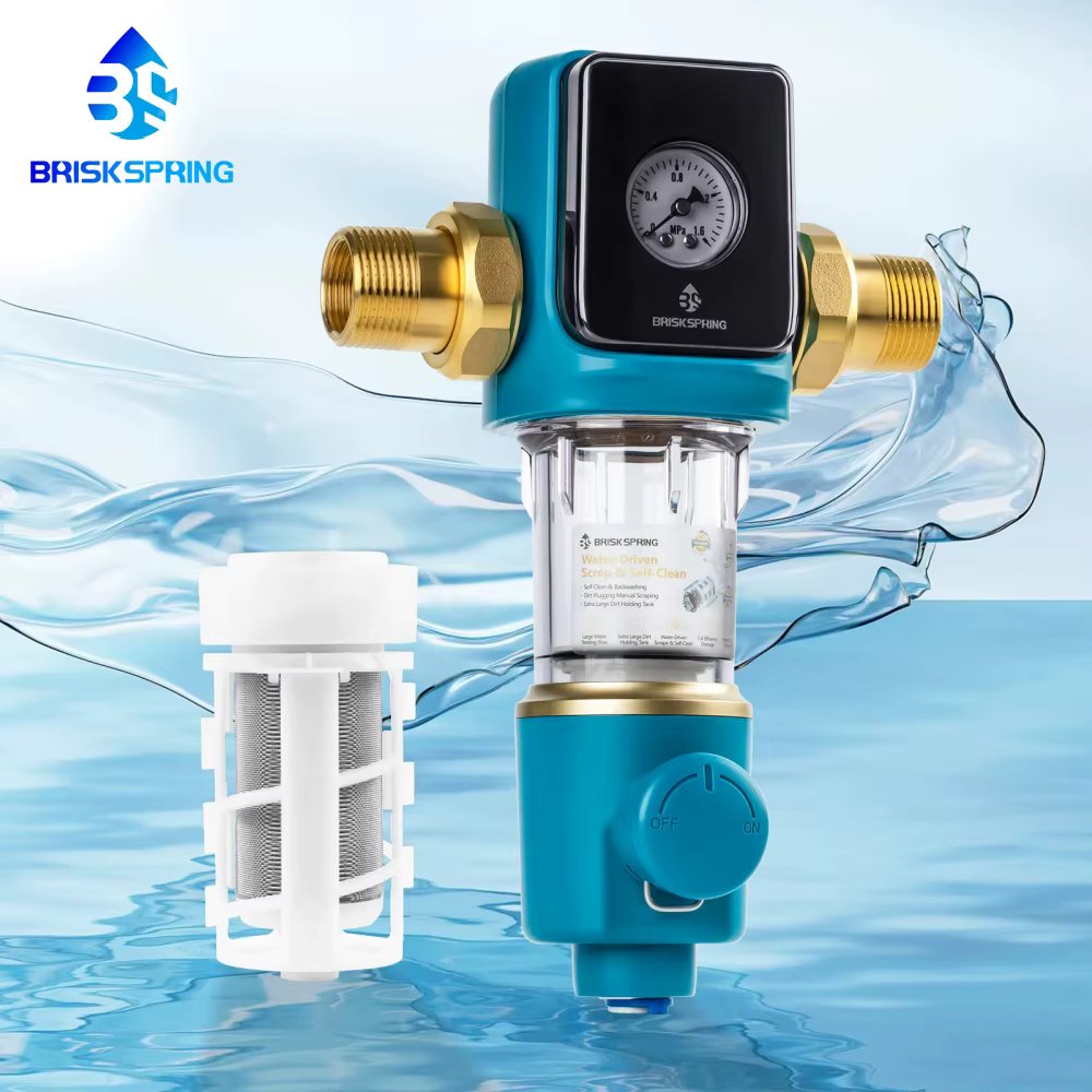 BriskSpring  Automatic Cleaning Filter Screen Spin Down Sediment Water Filter Whole House Pre filter  1" MNPT/ G + 3/4" FNPT /G