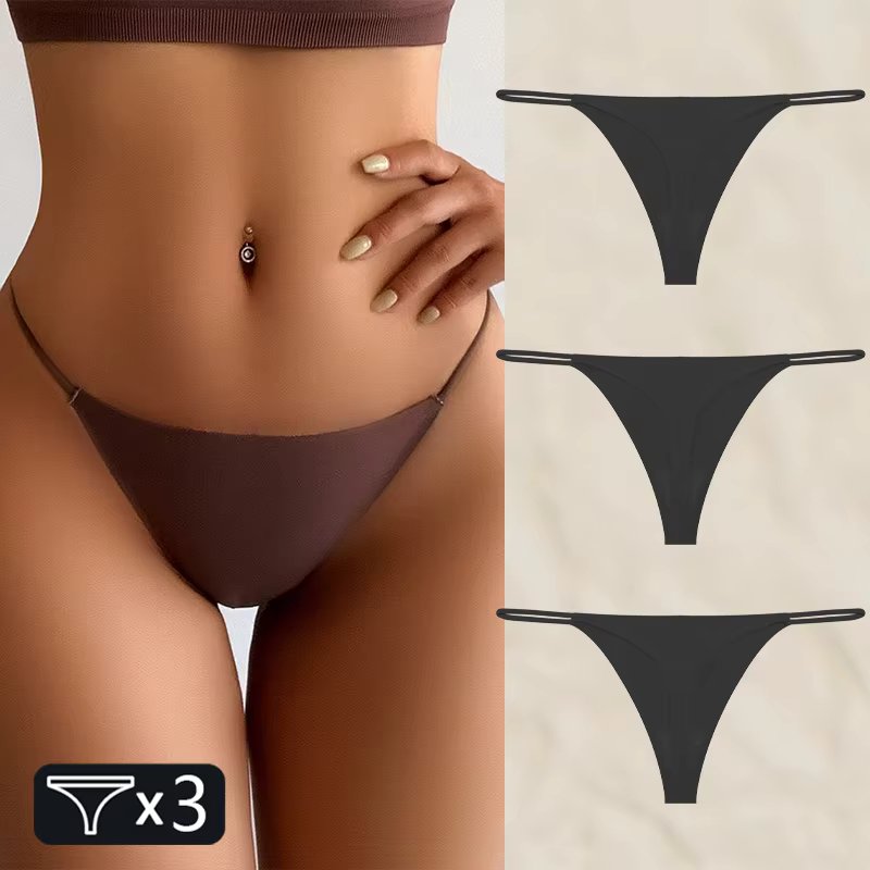 FINETOO 3PC/SET Seamless Low Waist Panties for Women Sexy Solid Color Ice Silk Thongs Female Comfortable Traceless Bikini T-back
