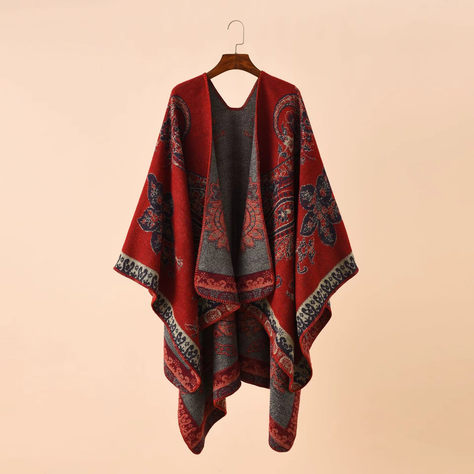 2022 Autumn Winter New Street Geometric Lattice Flower Pattern Imitation Cashmere Warm Shawl Cloak Women Poncho Capes Red