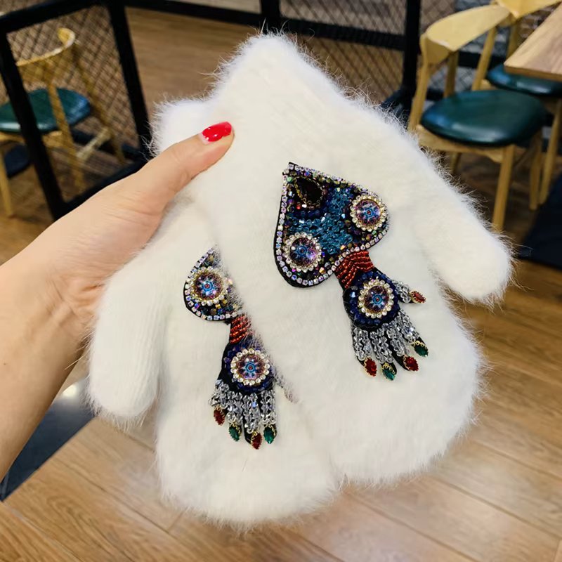 Women Gloves Winter Crystal Octopus Rabbit Fur female double Warm Full Finger Mittens Christmas Gifts