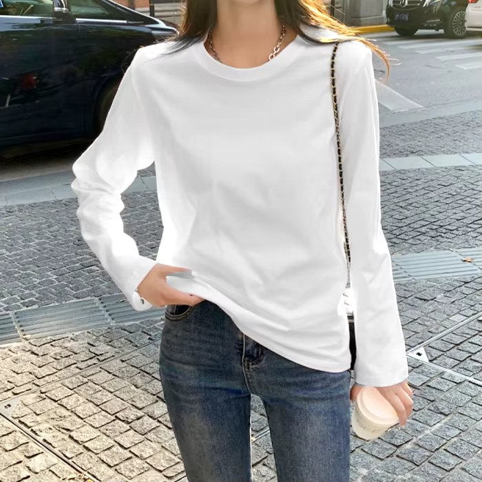 Beautiful Women Long-sleeved T-Shirt Spring Autumn Round White cotton tee