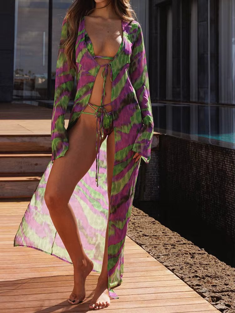 ZRTAK Mesh Cover Ups Sexy 3 PCS Bikini Dress Push UP Bikini Set Women Swimsuit Swimwear 2024 Bathing Suit Beachwear Summer Dress