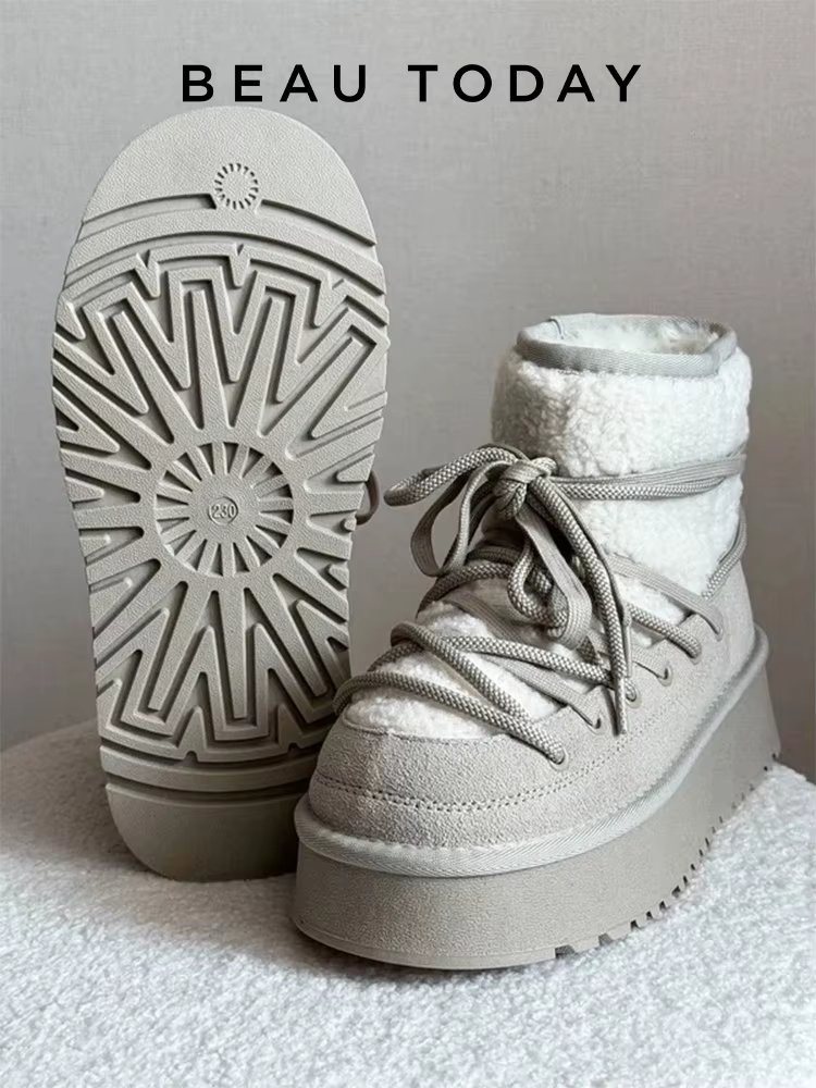 BEAUTODAY Snow Boots Women Cow Leather Solid Color Round Toe Thick Sole Slip-On Winter Keep Warm Laides Furry Shoes MS1A001