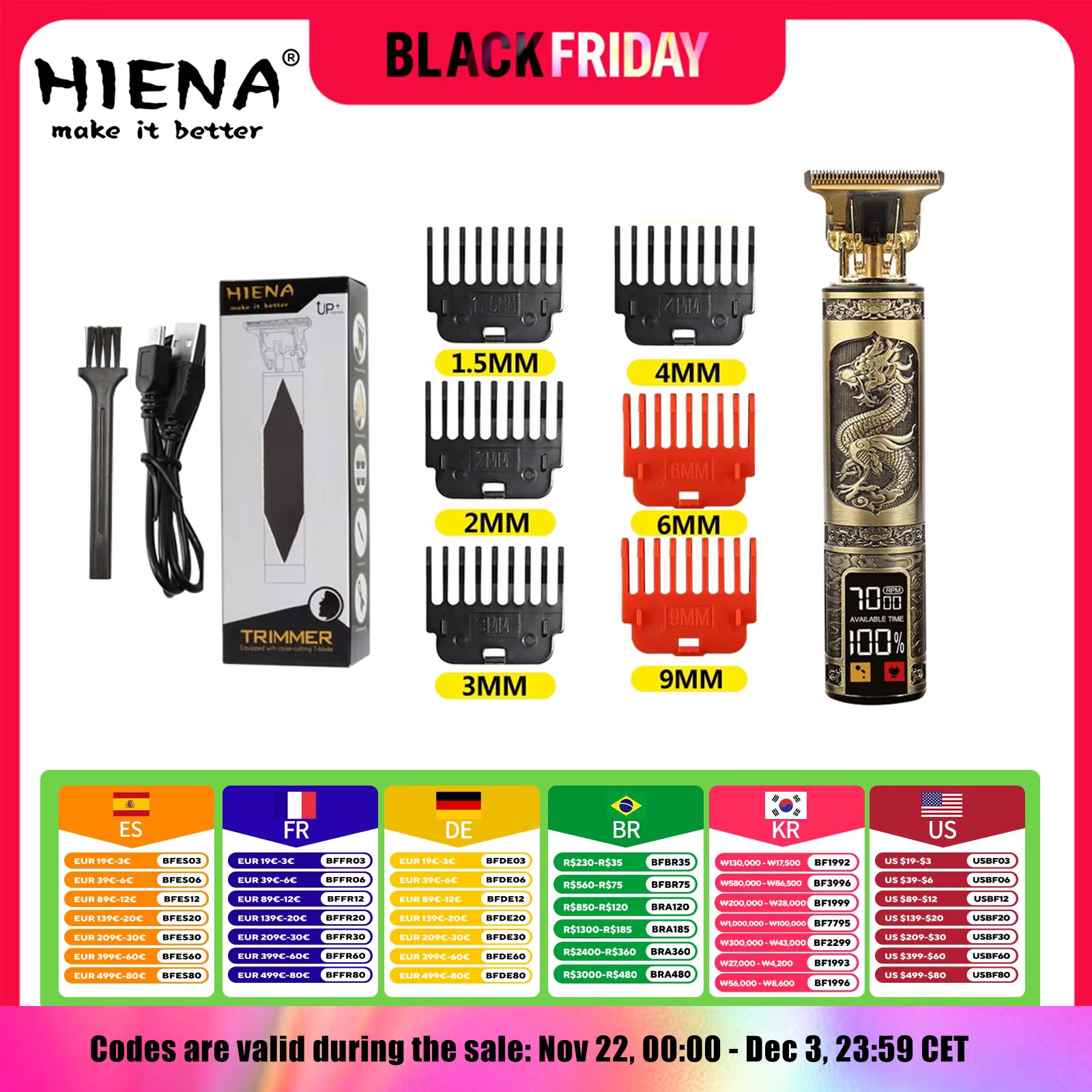 USB Electric LCD Hair Clipper Trimmer All In One Gold Light Head Rechargeable Hair Clipper Oil Head Hair Carving Mark Razor