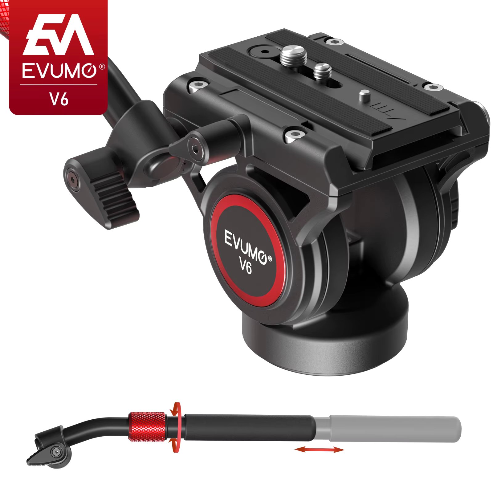 EVUMO V6 Tripod Head Hydraulic Pan Tilt Video Head Fluid for Camera Tripod Monopod Slider Quick Release Plate Max Load 8kg/17lbs