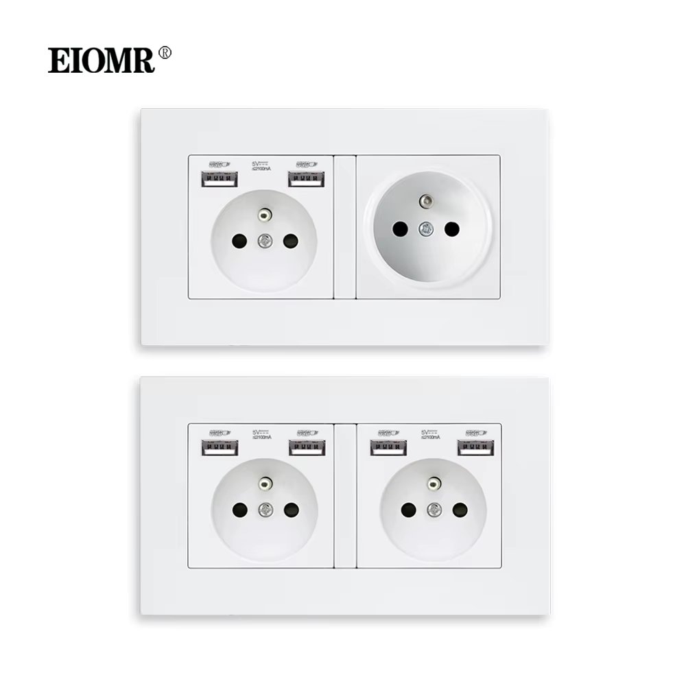 EIOMR French Standard USB Socket 16A Double Outlet Flame Retardant PC Panel AC 110~250V 146mm*86mm Wall USB Electrical Sockets
