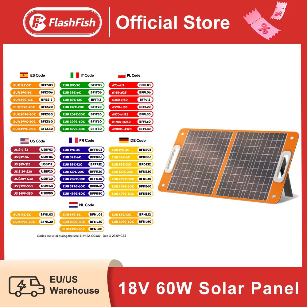 FF Flashfish 18V 60W Foldable Solar Panel Portable Solar Charger with DC Output USB-C QC3.0 for Phones Tablets Power Station