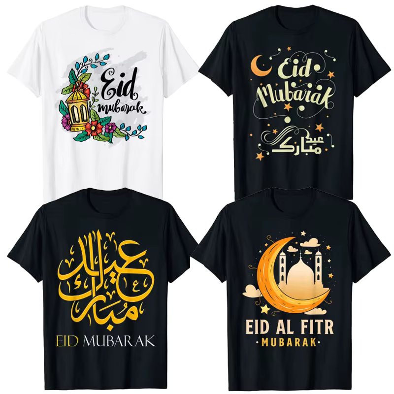 Eid Fitr Muslim Clothing Kids Eid Mubarak T-Shirt Happy Eid-Mubarak Eid Al Adha Tee Short Sleeve Blouses Family Matching Tops