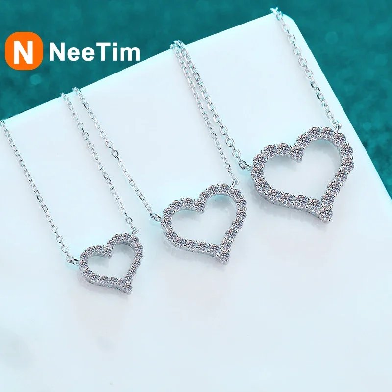 NeeTim D Color Moissanite Necklace Heart Pendant 925 Sterling Silver White Gold Plated Chain with GRA Fine Neck Chain for Women