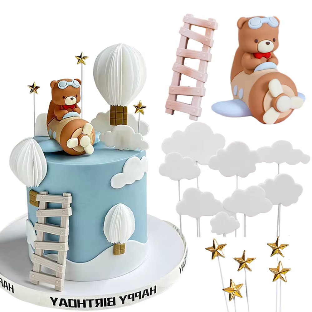 15pcs pilot bear cake toppers Bears fly the plane with clouds stars ladder for kids happy birthday cake decoration baby shower