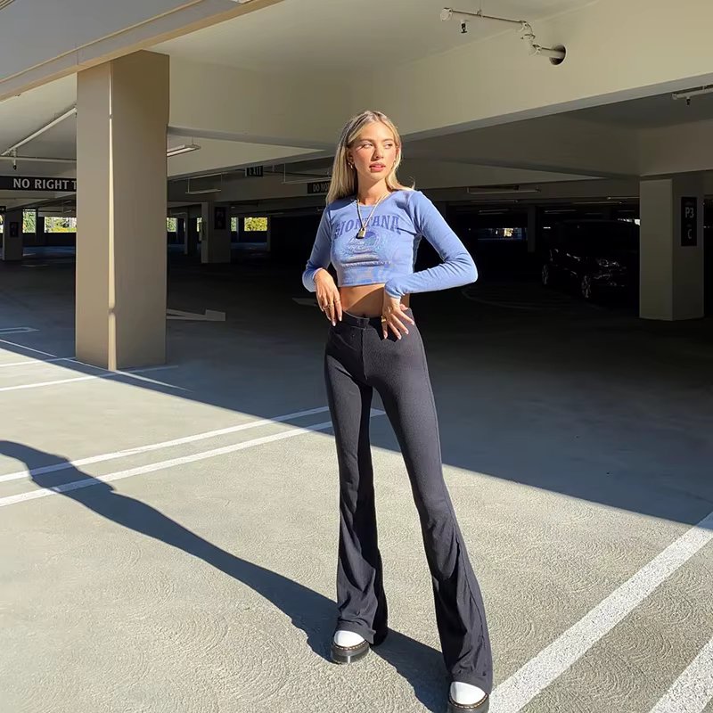 CUTENOVA Solid Black Woman Pants Slim Fitting High Waisted Streetwear Casual Flare Pants Women Clothes Full Length Capri Trouser