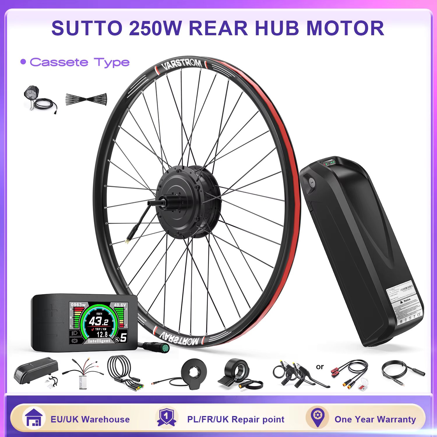 SUTTO 250W Rear Hub Motor Kit With 13Ah 17.4Ah 25Ah Downtube Battery Kits Ebike 36V Electric Bike Conversion Kit For Commuting