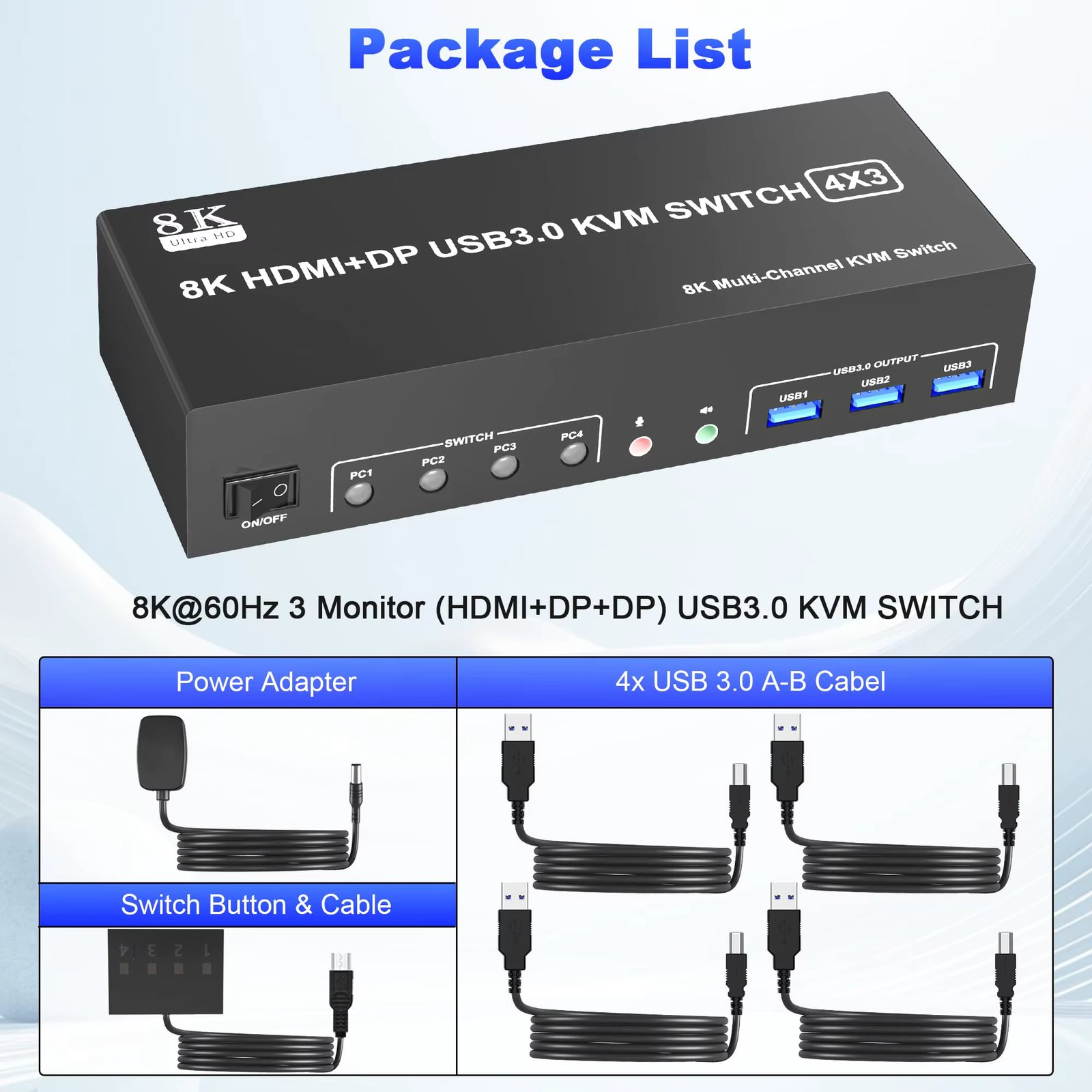 8K@60Hz USB3.0 KVM Switch 3 Monitors 4 Computers 4K@144Hz, 2 DisplayPort +1 HDMI Triple Monitor for 4PC with Audio and 3 USB 3.0