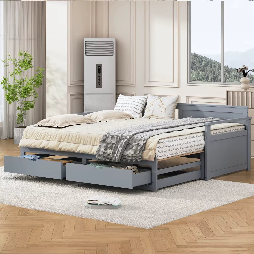 Multi-functional daybed in gray with drawers and pull-out bed