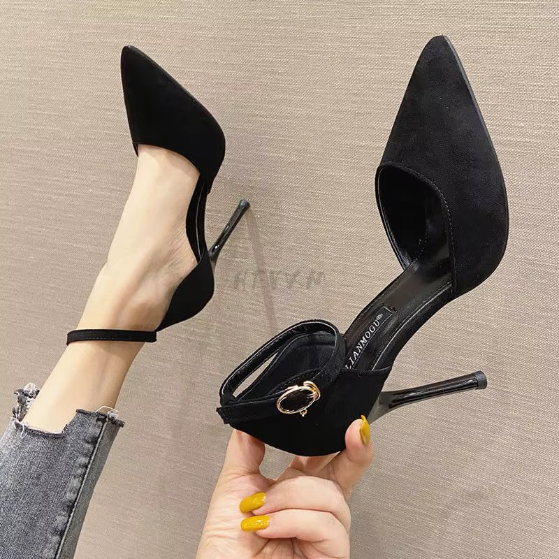 2022 Spring and Summer New Black High-heeled Sandals French Girl Pointed Toe Stiletto Buckle All-match Women's Single Shoes