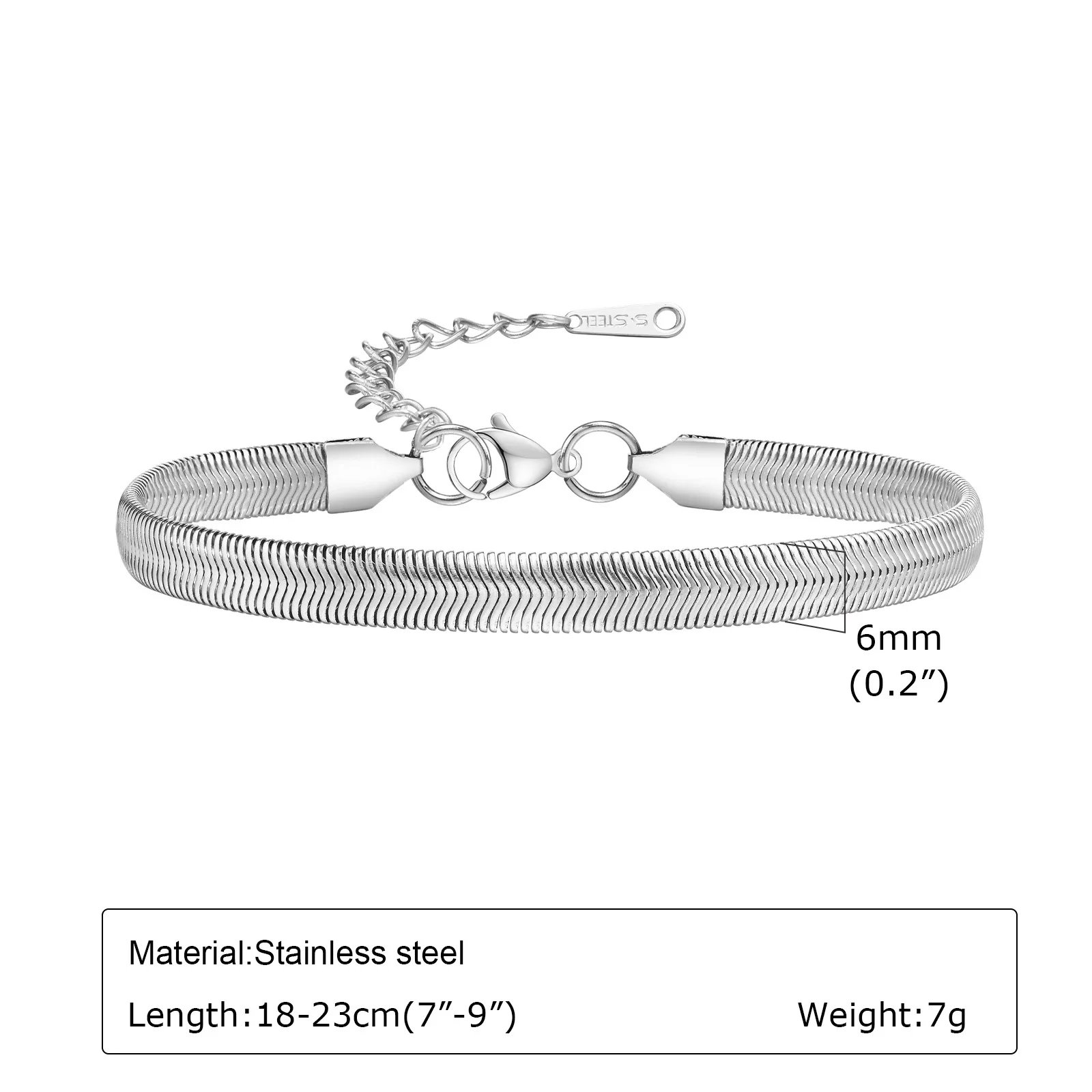 Vnox 6mm Unisex Flat Snake Chain Bracelets, Mens Women Herringbone Links Bracelet, Adjustable Stainless Steel Simple Jewelry