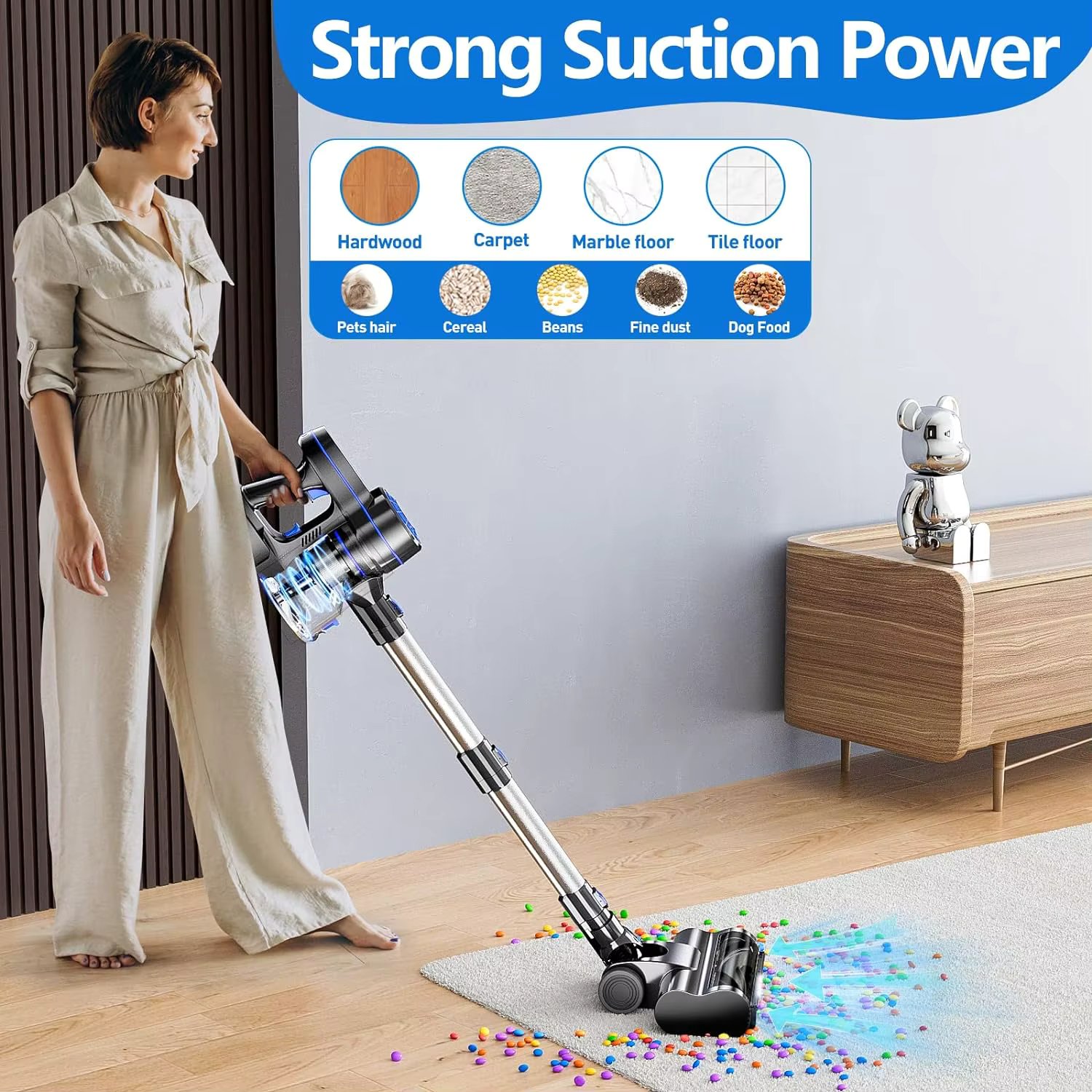 Cordless vacuum cleaner, 20kPa suction power, 35 minutes run time, 1.5 liter dust collector, for pet hair, hard floors, carpets