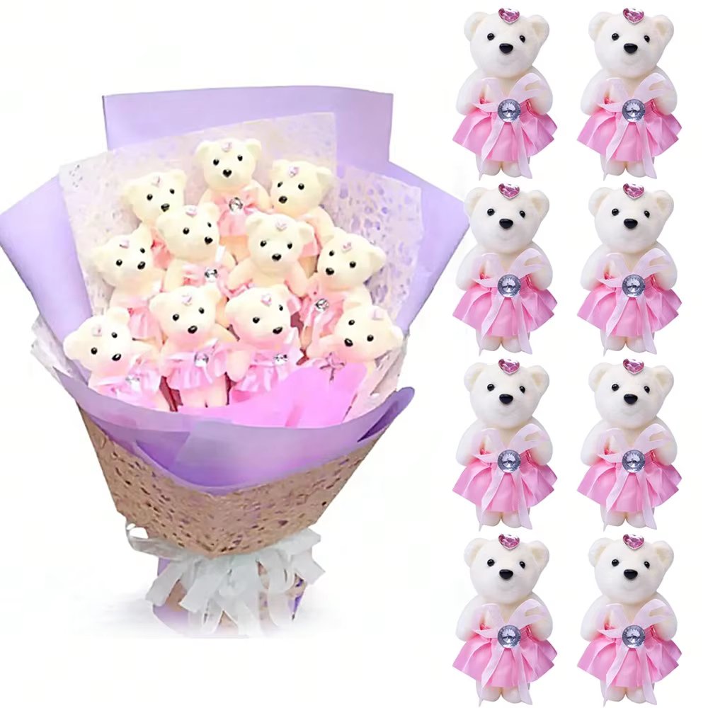10pcs/Pack 12CM Couple Bear Flower Bouquet Dolls Mini Foam Teddy Bears Plush Toys,DIY Valentines Flower Gifts Packaging Accessor
