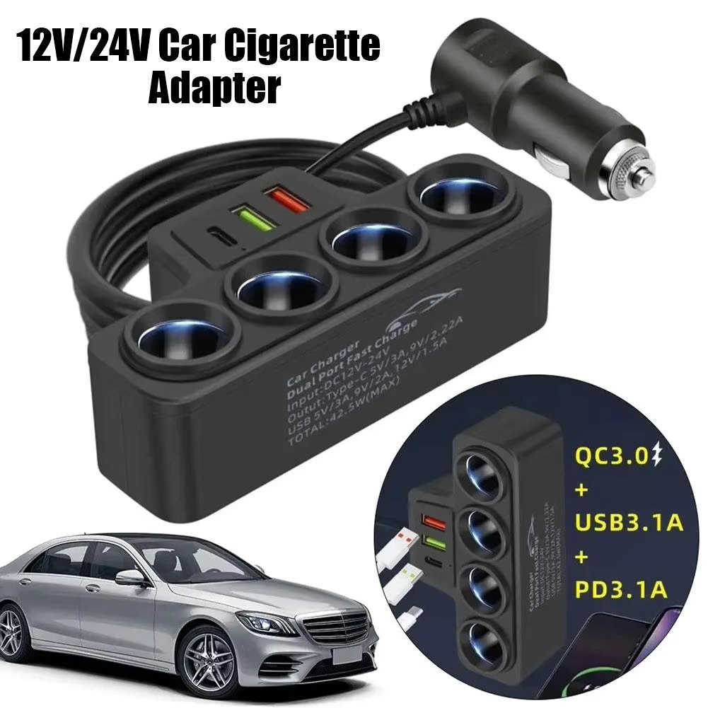 12V/24V Car Cigarette Lighter Adapter New 4-Socket 3.1A Charger Charger USB Car USB+QC3.0+PD3.1A Accessories Port USB 120W