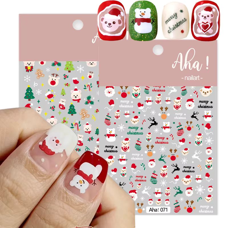 2025 Merry Christmas Transfer Nail Art Stickers 3D Cute Cartoon Bear Santa Claus Elk Nail Decals Adhesive New Year Nail Sliders