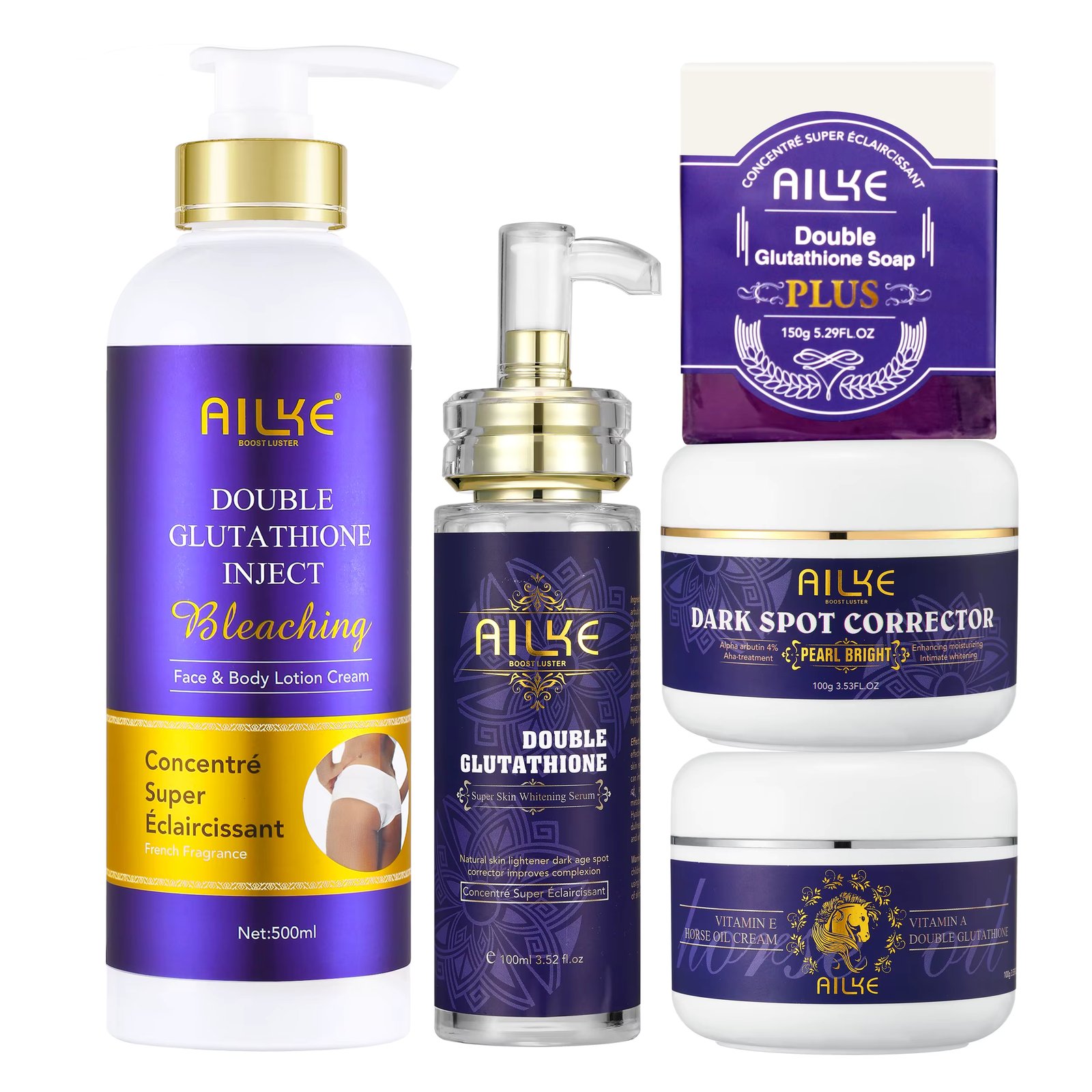 AILKE Skin Care Range Double-Glutathione, Whitening Serum, Dark Spot Face Cream, Glowing Soap, Women Bleach beauty Cosmetics