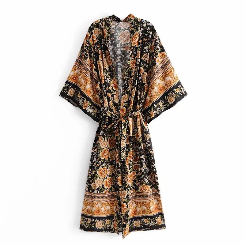 Boho Queens Floral Print Sashes Bohemian Vintage Chic Women Kimono Ladies V Neck Batwing Sleeves Maxi Bikini Robe Cover-ups