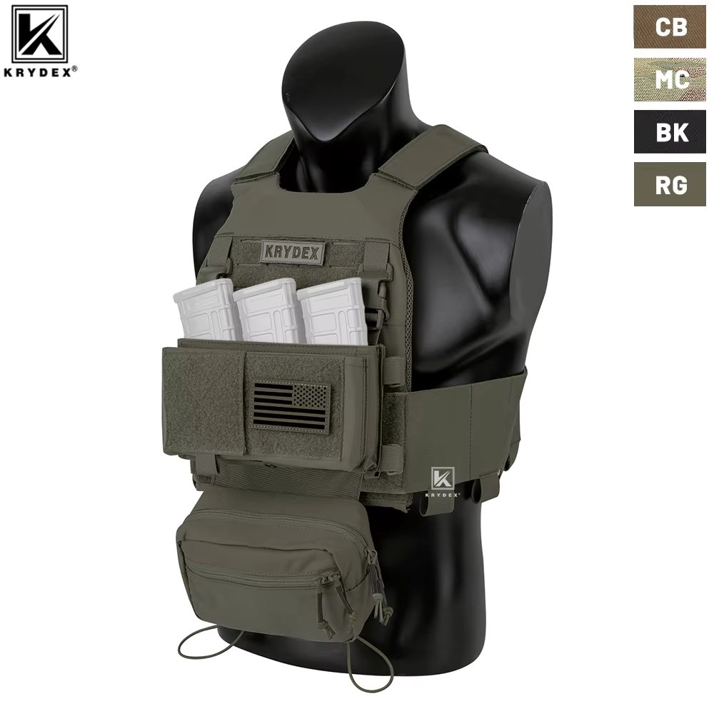 KRYDEX Low Vis Slick Plate Carrier Tactical Vest With Elastic Cummerbund Micro Fight MK3 Panel Chassis Drop SACK Pouch Camo Vest