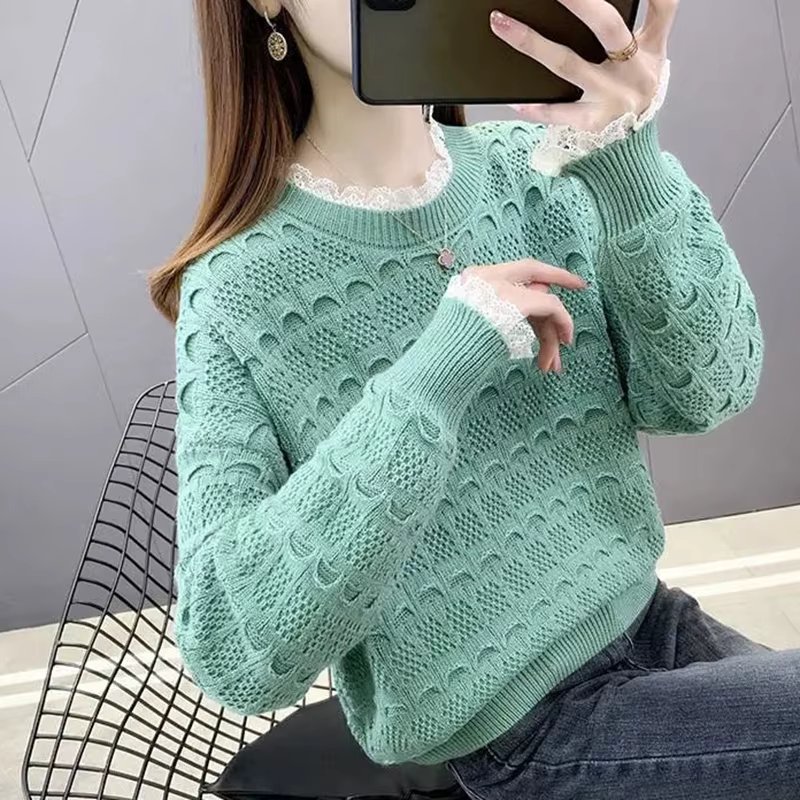 Spring and Autumn Women's Knit Long-sleeved T-Shirt Thin Lose Loose Punch Sweat KN1724