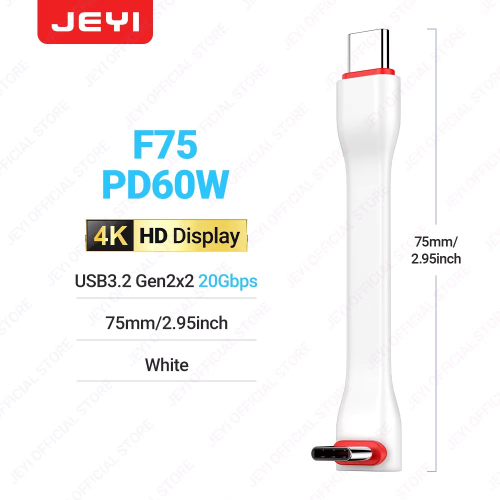 JEYI 20Gbps 90° USB Cable C to C PD 3A 60W 75MM Mobile Power USB-C Cable for Charging Bank, MacBook, Laptop, Tablet, iPhone15Pro