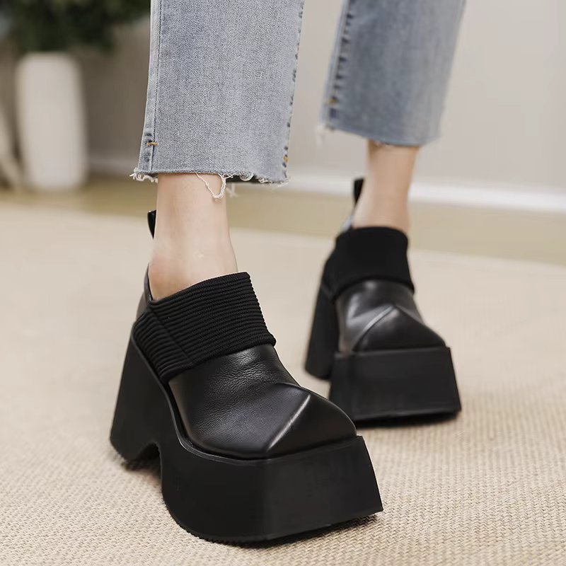 Birkuir 10cm Thick Heel Shoes For Women Luxury Shoes Mixed Colors Elegant Slip On Genuine Leather Square Toe Flat Platform Shoes