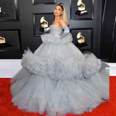 Elegant Silver Puffy Tulle Dresses Long Tutu Evening Dress Women 2020 Strapless Ball Gown Tiered Ruffle Prom Dress Custom Made