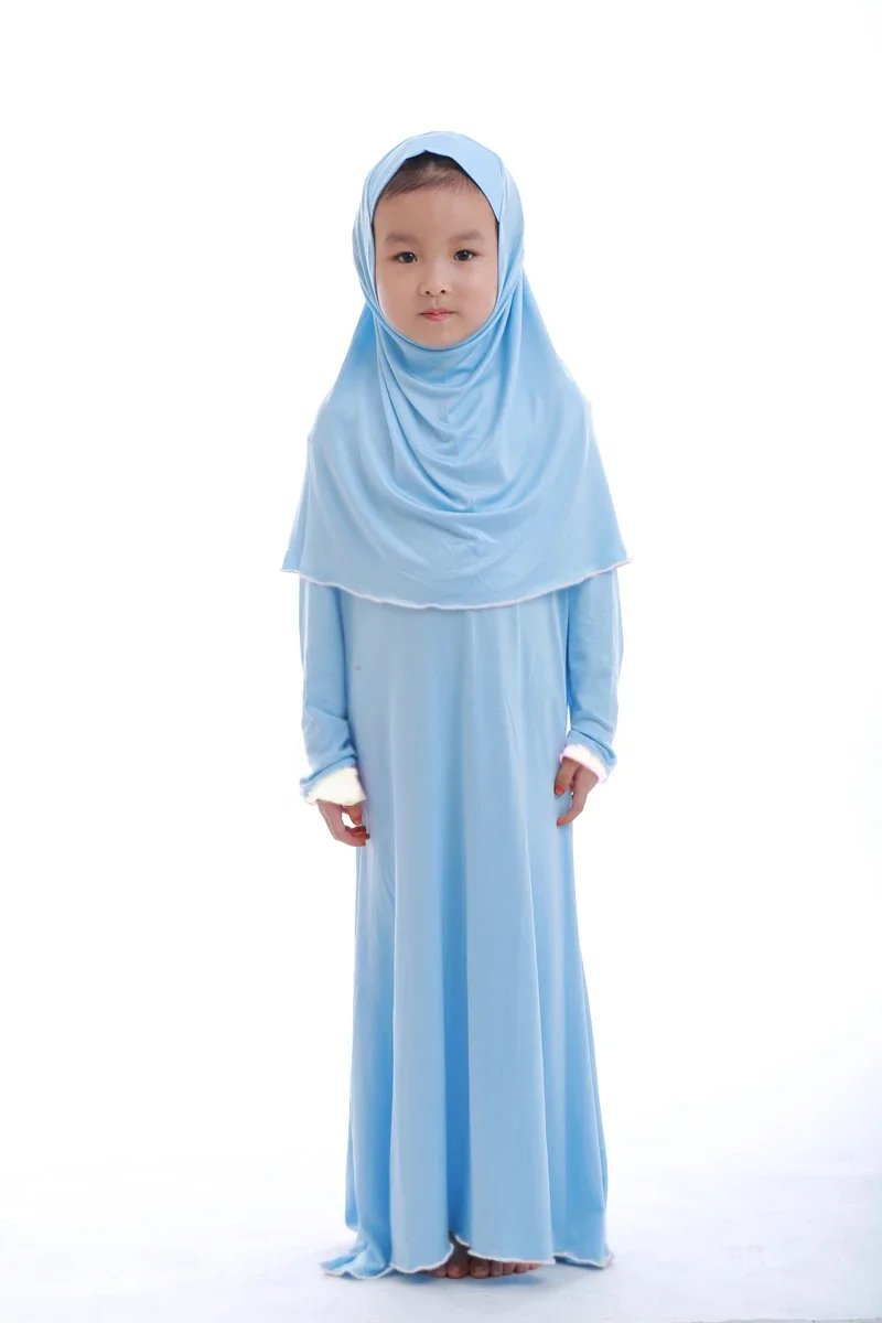 2Pcs Muslim Ramadan Sets Children Girls Prayer Dress Hijab Abaya Arab Kids Long Robe with Headscarf Islamic  Kaftan Gown