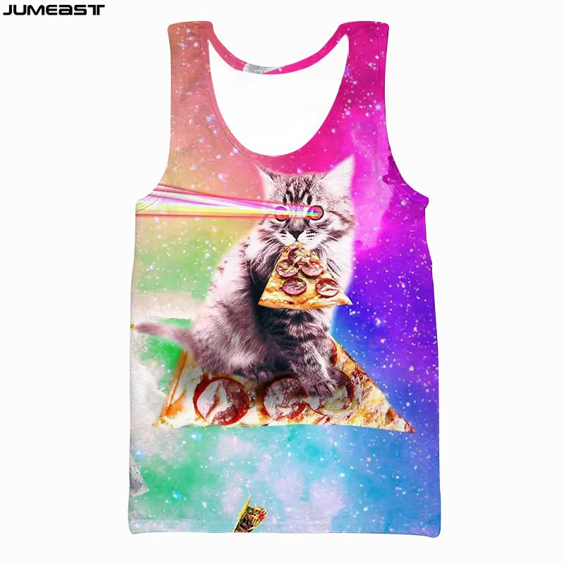 Jumeast Men Women 3D Printed Vest Oversized Female Streetwear Cat Eating Pizza Short Sleeve Sport Pullover Summer Tank Tops Tees