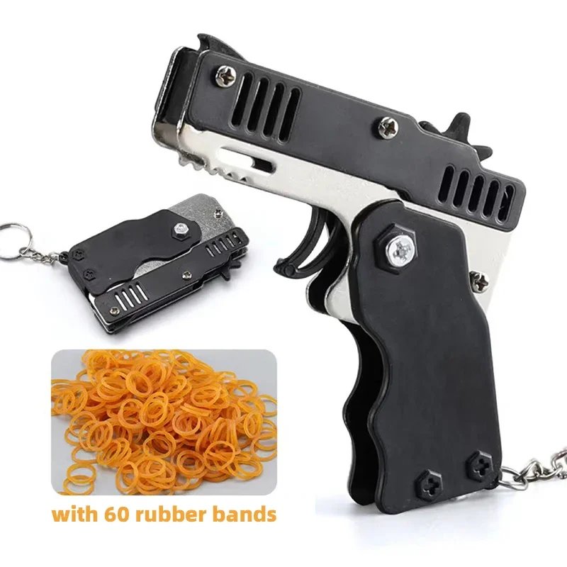 Mini Alloy Folding Pistol 60 Rubber Band Gun Scare Decompression Shooting Metal Keychain Kid Favors Toys for Children Boy Gifts