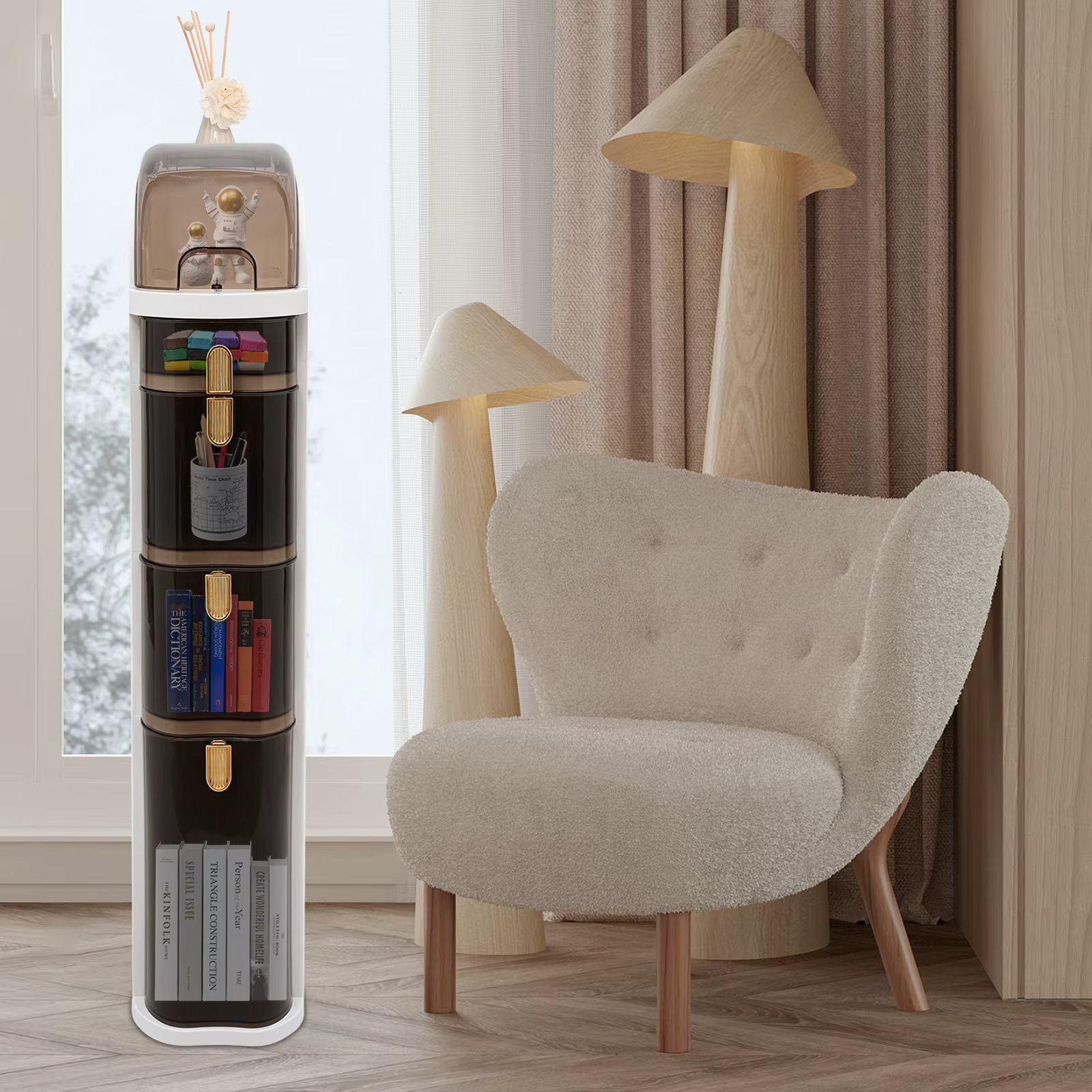 Bathroom Floor Cabinet Organizer 4-Tier Free-Standing Plastic Narrow Paper Storage Cabinet with Drawers and Wheels Indoor