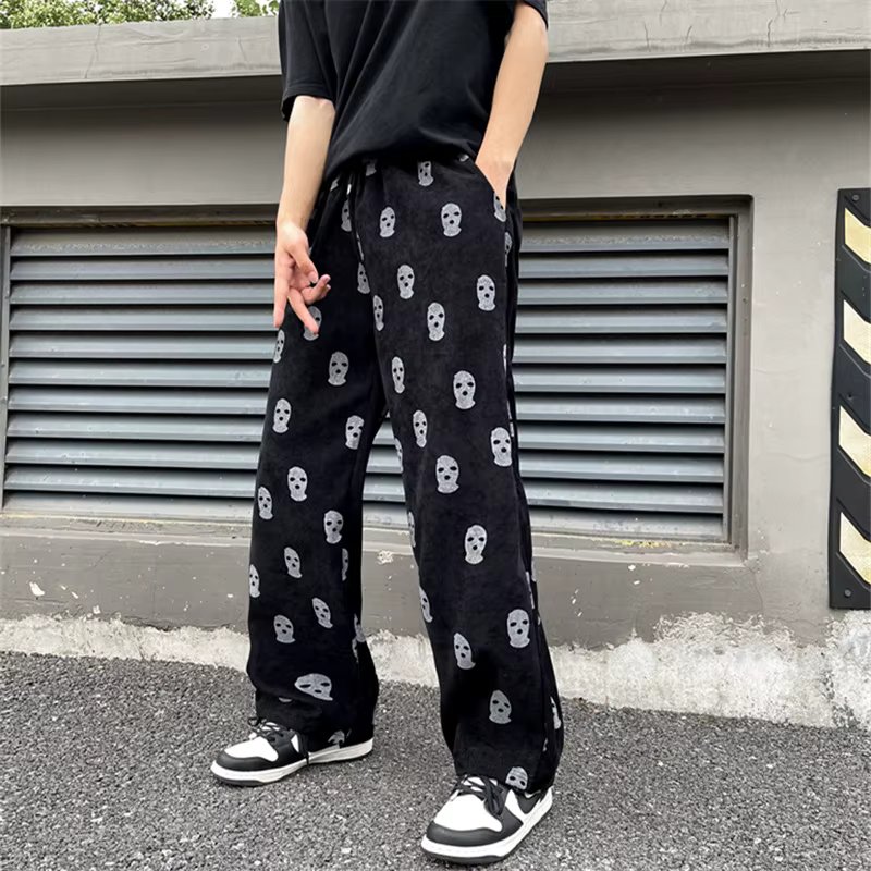 2021 Preppy Style Skull Full Print Drawstring Casual Corduroy Men Baggy Pants Hip Hop Straight Sweatpants Male Loose Trousers